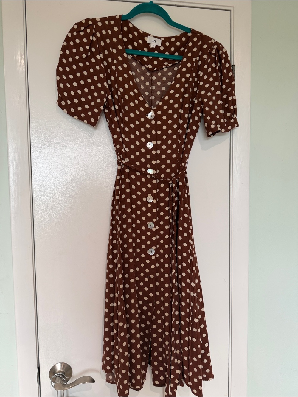 LPA Brown Polka Dot Button-Front Midi Dress